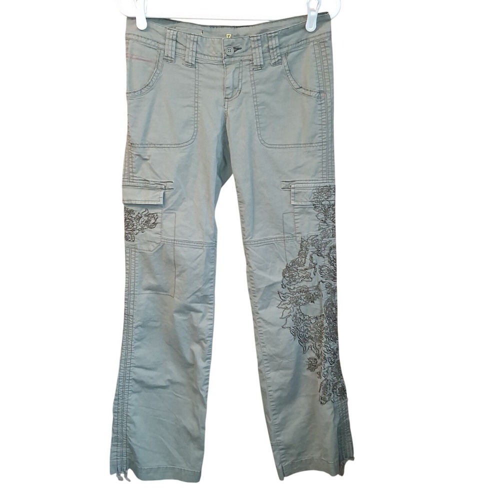 Zco. Premium Olive Lightweight Cargo Pants Sz 7 90s/Y2K Embroidered Grunge EUC